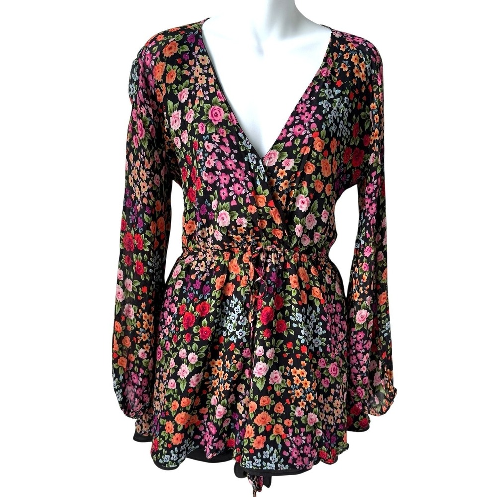 Womens Long Sleeve Wrap Romper Sz Large Floral Viscose Lined Flowy Romantic Chic